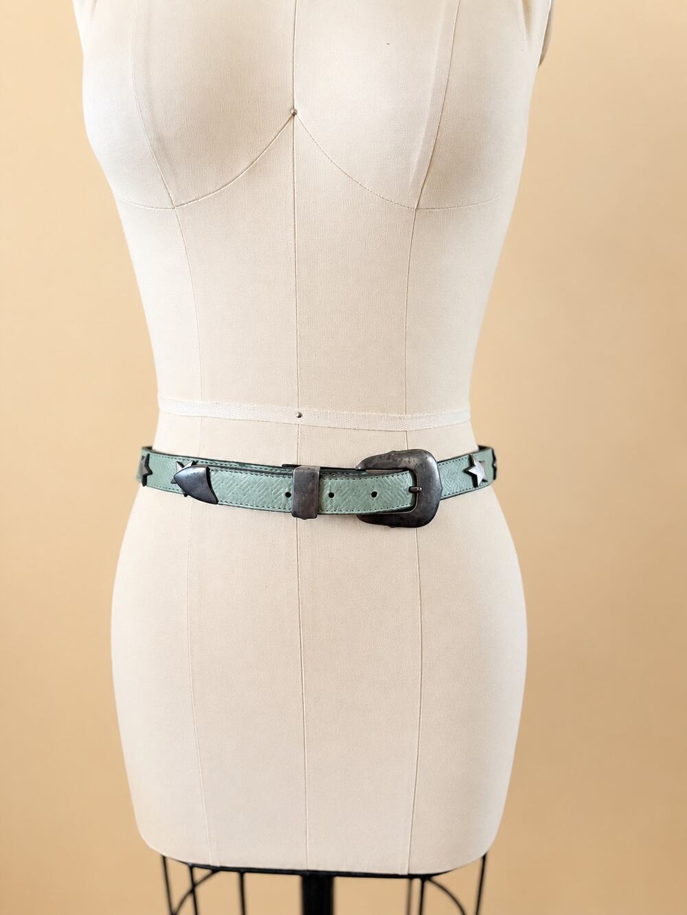 Added Extras Mint Green Leather Western Belt Silver Star Studs Size M 29–33”